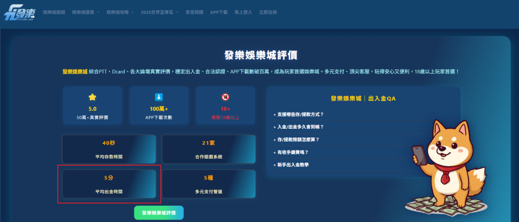 發樂娛樂城在官網承諾平均出金時間，屬典型為法娛樂城範例